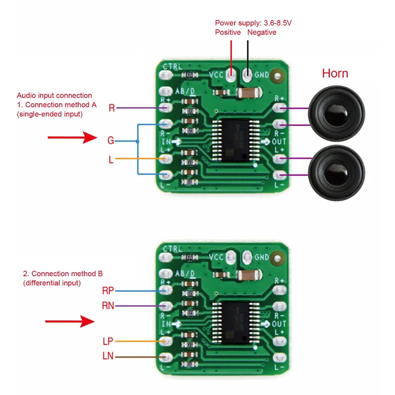 

Differential Power Amplifier Board 2X10W Digital Class D Audio Power Amplifier HT8697 3.6-8.5V Differential Input-Y41A