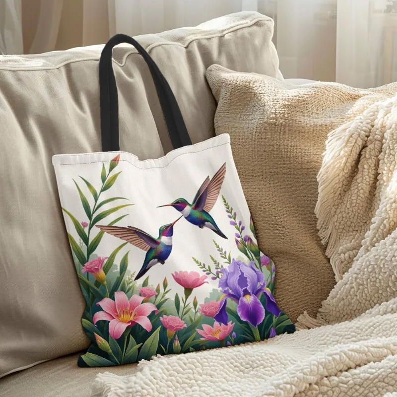 1pc [Tote Bag] 2D Flat Effect, Fresh Hummingbird Iris Lily Hand-Painted Pattern Tote Bag, Large Capacity Casual And Practical, S