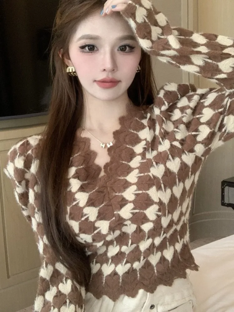 

Slim Fit Long Sleeve V Neck Knitwear Women's Early Autumn New Style Pure Desire Fashion Top Bubble Sleeve Sweet Style
