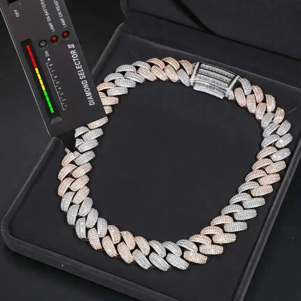 Custom Jewelry 25mm 2 Tones 925 Sterling Silver Vvs Baguette Moissanite Diamond Iced Out Heavy Cuban Link Chain
