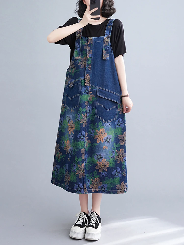 NYFS 2023 Summer New Korea Woman Denim Suspende Dress Vestidos Robe Ete Femme Elbise Loose Plus Size Print Long Dress