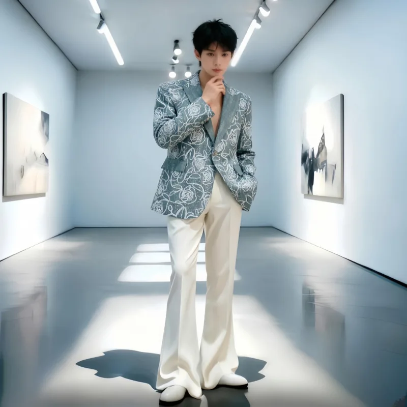 WVGA Autumn New Men Floral Plant-patterned Sequin Embroidered Padded-shoulders Blazer Niche Casual Straight Pants Set Ins W28068