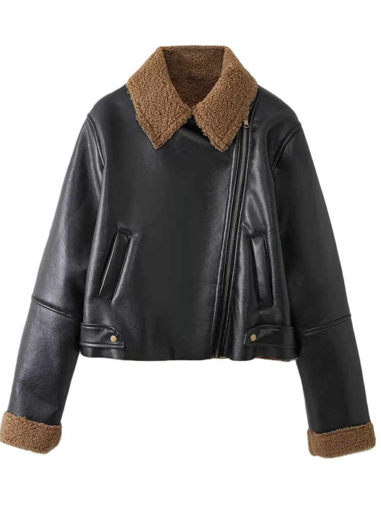 American Sle Loose Fit Biker Jaet Colletto Faionable da donna Cappotto in pelle e pelliccia Or Capispalla Chiusura con cerniera Lungo Sve