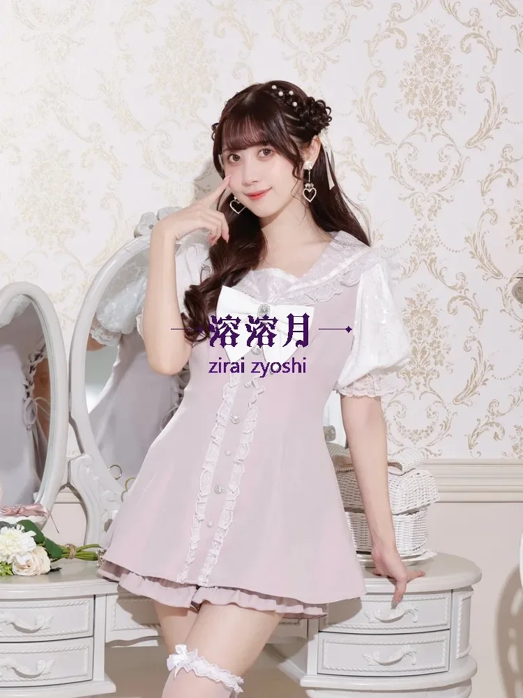 New Summer Women's Mine Lace Stitching Bow Short Sleeve Shirt Dress and Shorts Two-Piece Set Girls Sweet Lolita Outfits