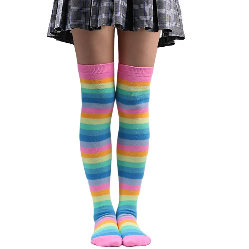 New Colorful Rainbow Stockings Striped Long Socks Knee Thigh High Socks School Girls JK Uniform Halloween Cosplay Accessories