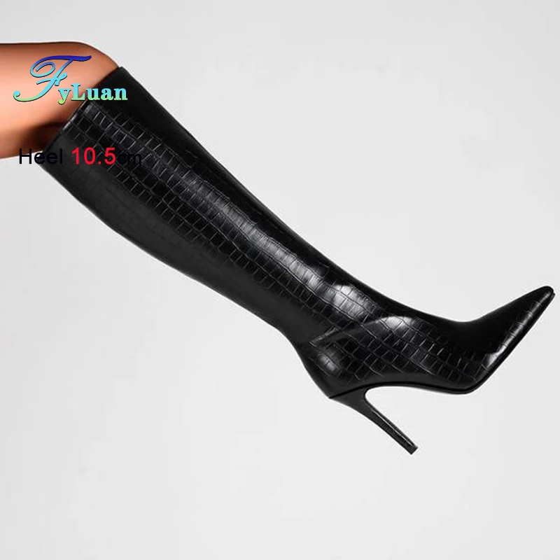 الخريف الشتاء الأسود المرأة حذاء برقبة للركبة حذاء برقبة للركبة رقيقة عالية الكعب 10.5 سنتيمتر أشار تو سيدة أحذية طويلة الأحذية حجم 36-43