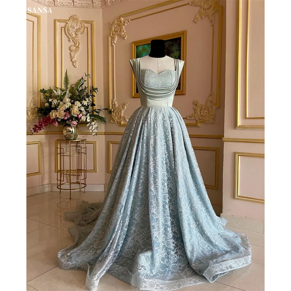 Sansa Blue Lace Embroidery Prom Dresses Tulle A-line Sleeveless Evening Dress Elegant Heart Neck Floor-length Formal Evening