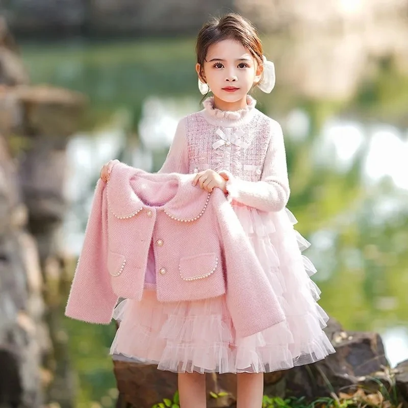 Winter Girls Velvet Clothing Sets Toddler Kids Short Jackets Coat + Long Sleeve Dresses for Girls High Quality Warm Outfits 4-14