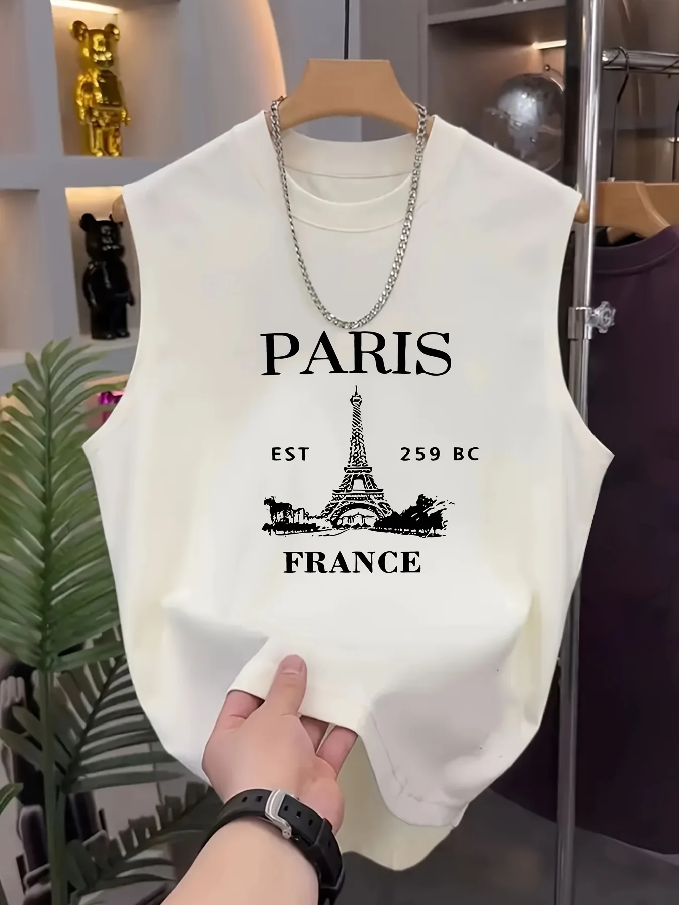 100% Pure Cotton Summer Men's Fashionable Casual Loose Paris Eiffel Tower Printed Fitness Sports Sleeveless Vest