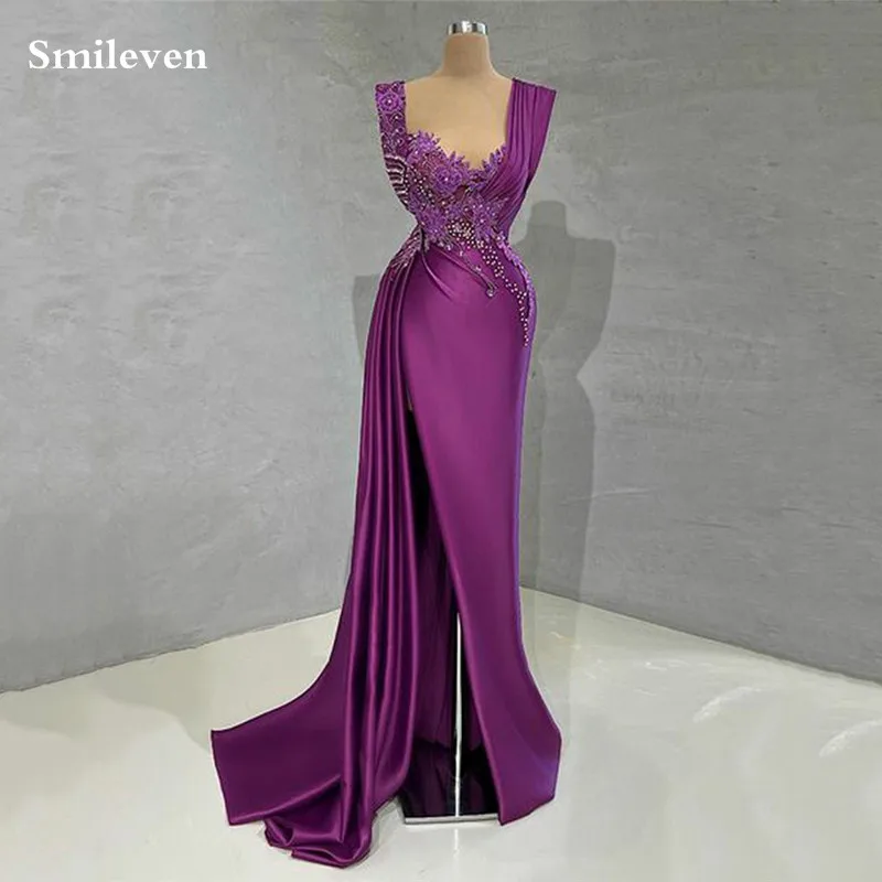 Smileven-Robe de Rhsirène violette sexy, perlée, fleur 3D, tenue de soirée simple, Arabie Saoudite, 2023