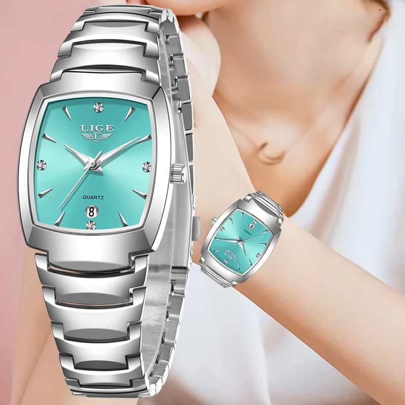 LIGE Elegant Women Watch Square Stainless Steel Bracelet Wristwatch Ladies Waterproof Sports Quartz Watches Gift for Women