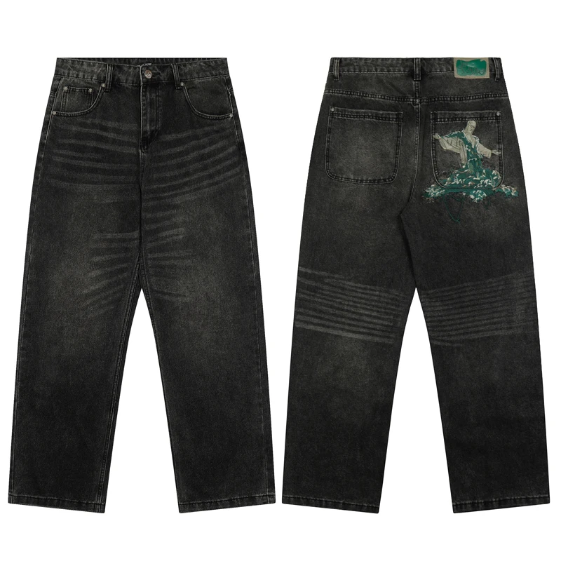 

Derschutze Embroidery Green Flower Helpless Priest Graphic Jeans Men Women High Street Casual Baggy Straight Wide Leg Denim Pant