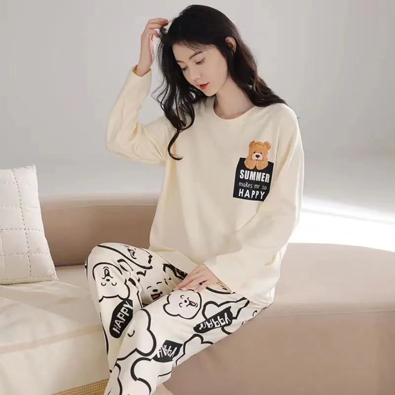 Women\'s Spring and Fall Pajamas Set of Long-Sleeved Casual Pants Home Wear New Milk Silk Large Size Girls Fall Clothes and Pants