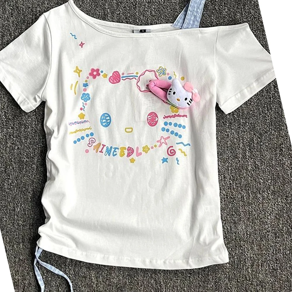 

Хлопковая футболка Hello Kitty с милым мультяшным принтом и диагональными лямками, с короткими рукавами, женская летняя свободная облегающая уникальная красивая футболка