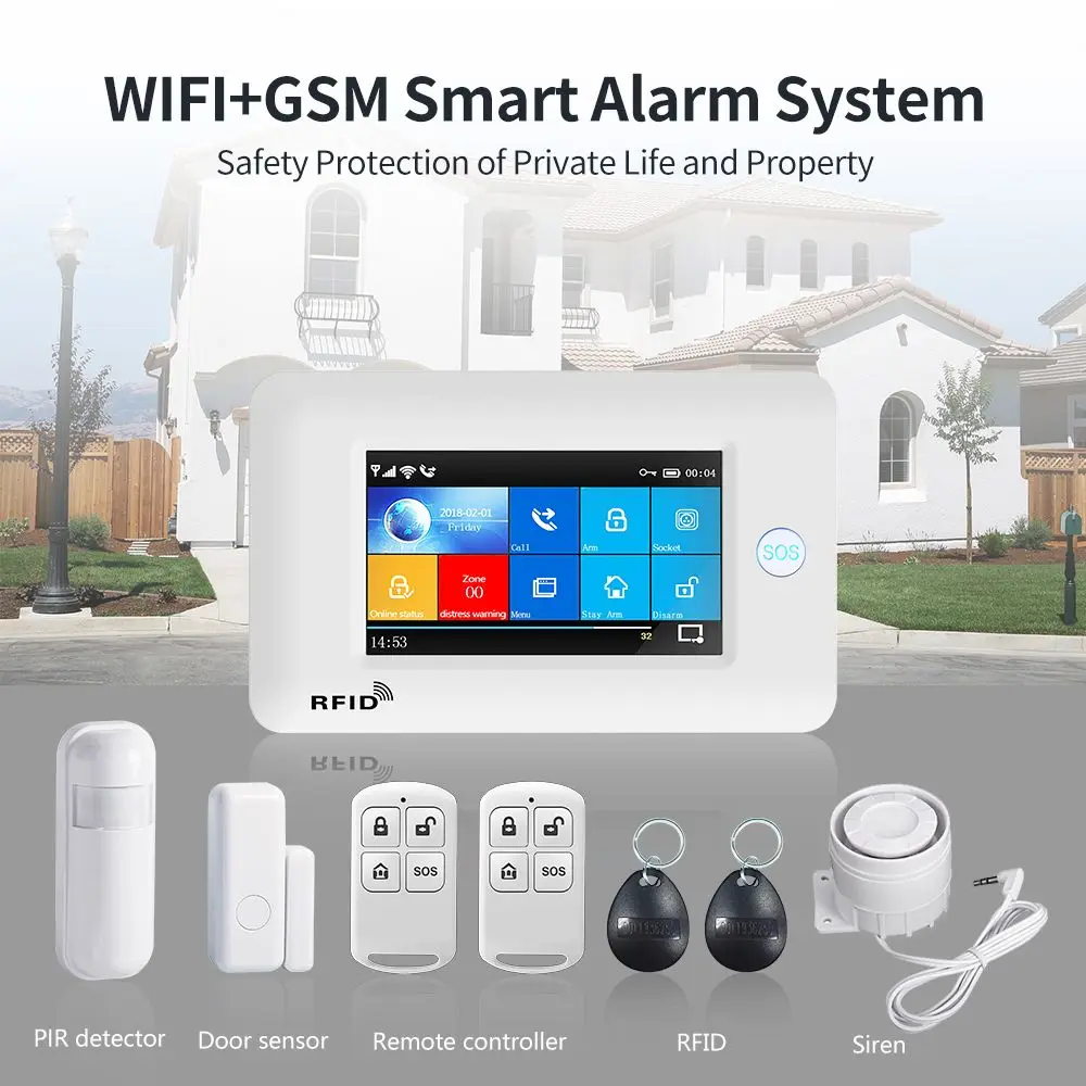 YUPA Burglar Home Security Alarm System 4.3 Inch Touch Panel WIFI GSM Wireless With Motion Sensor TUYA App Compatible With Alexa