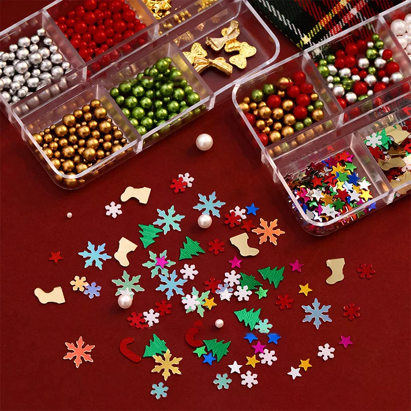 Diamantes de imitación de perlas rojas/verdes para uñas, cuentas coloridas nacaradas de tamaño mixto, dijes Nali, joyería de manicura navideña