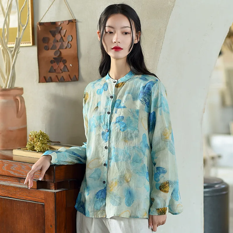 

Spring New New Chinese Style Shirt Women's Cotton and Hemp Shirt Design Sense Small Standing Collar Print Vintage Shirt