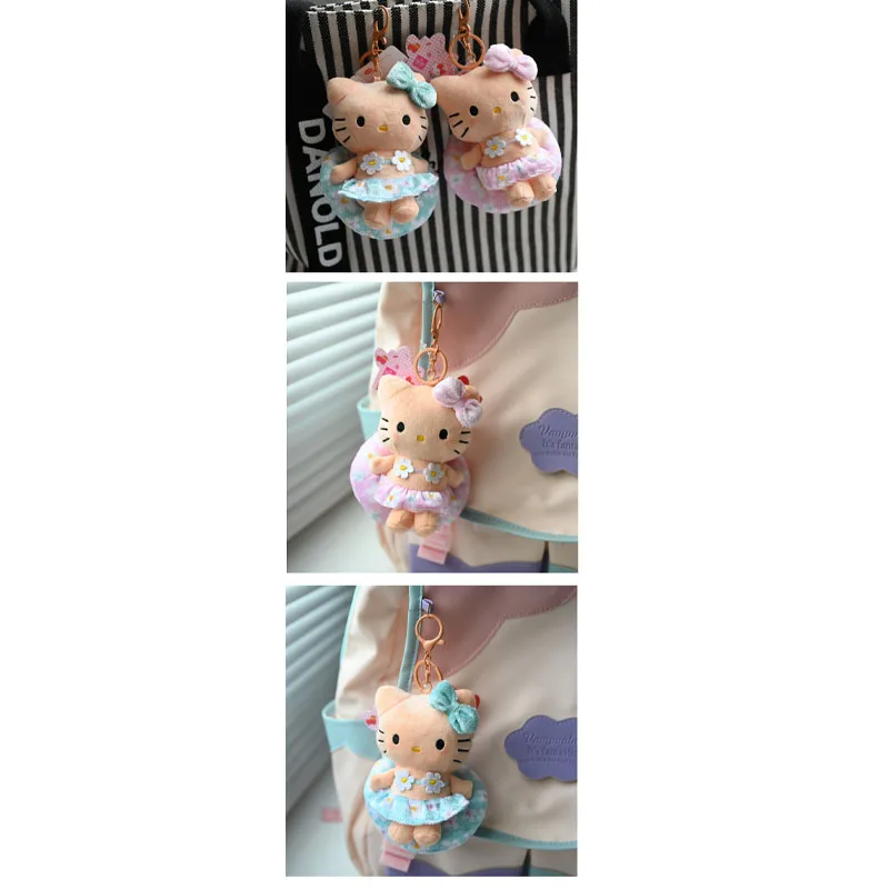 ハローキティぬいぐるみキーホルダー、ハワイアンブラックスキンフローラルスイミングリング、ハローキティ漫画人形、かわいいキティ猫バッグ用1個