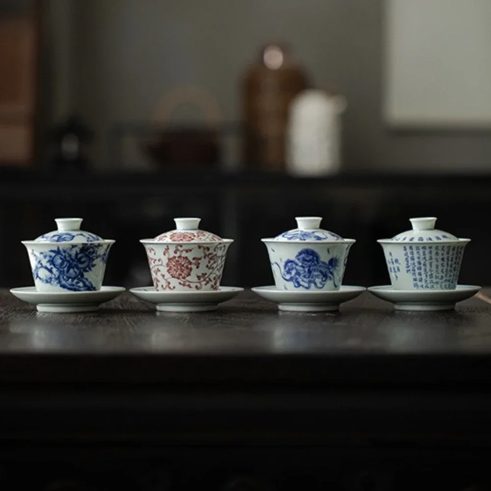 120ML Antique Blue and White Three Talents Cover Bowl Teacup Is Not Hot Retro Handmade Ceramic Kung Fu TeaSet Household Tea Bowl