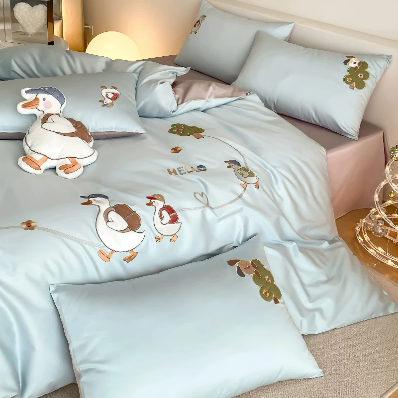 Cute pure cotton long staple cotton bedroom four piece set cartoon duckling pure cotton duvet cover all season universal bedding