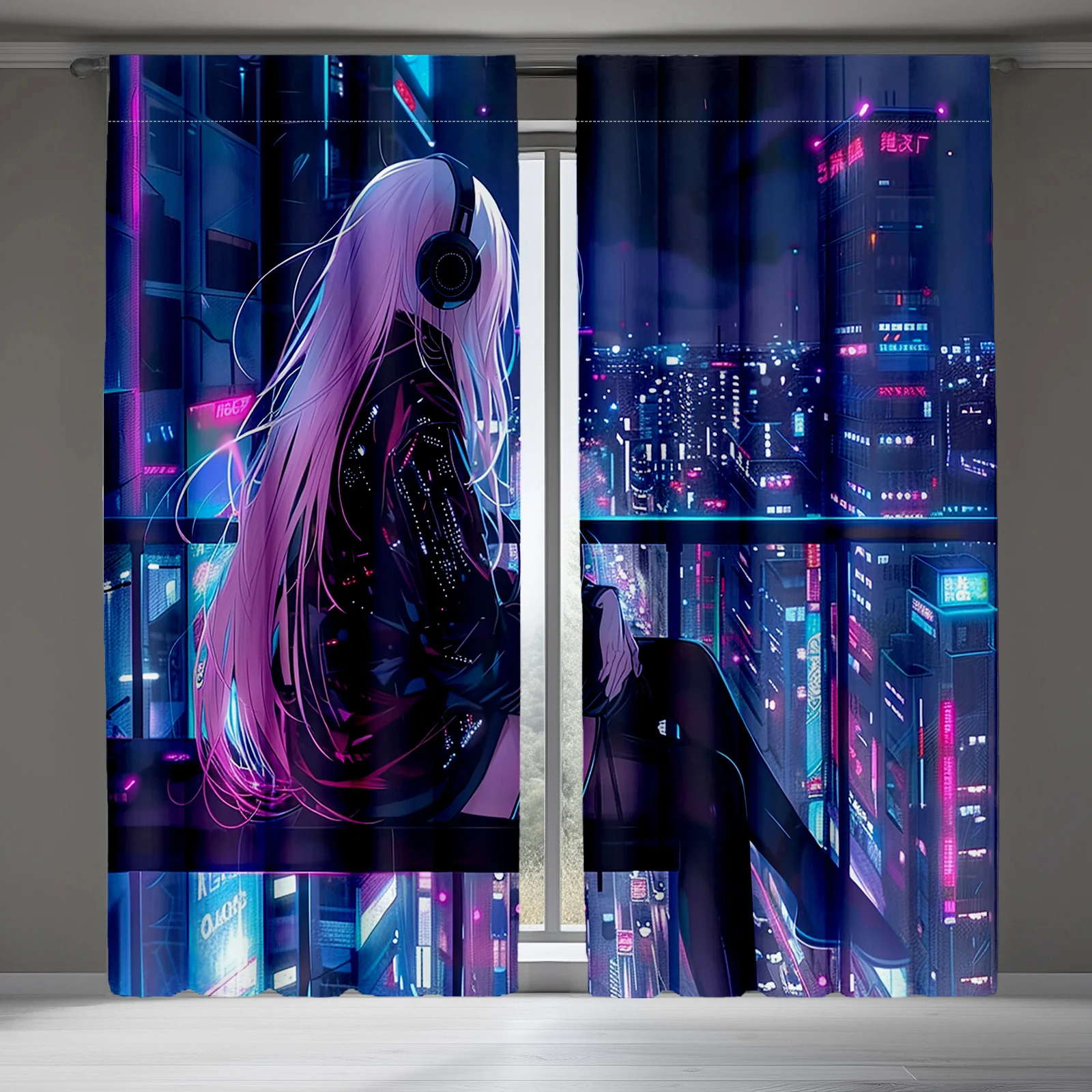 2pcs Room curtains Wearing futuristic Anime in costume in night cityscapesuitable for bedroom living room dining room 21.65x59/