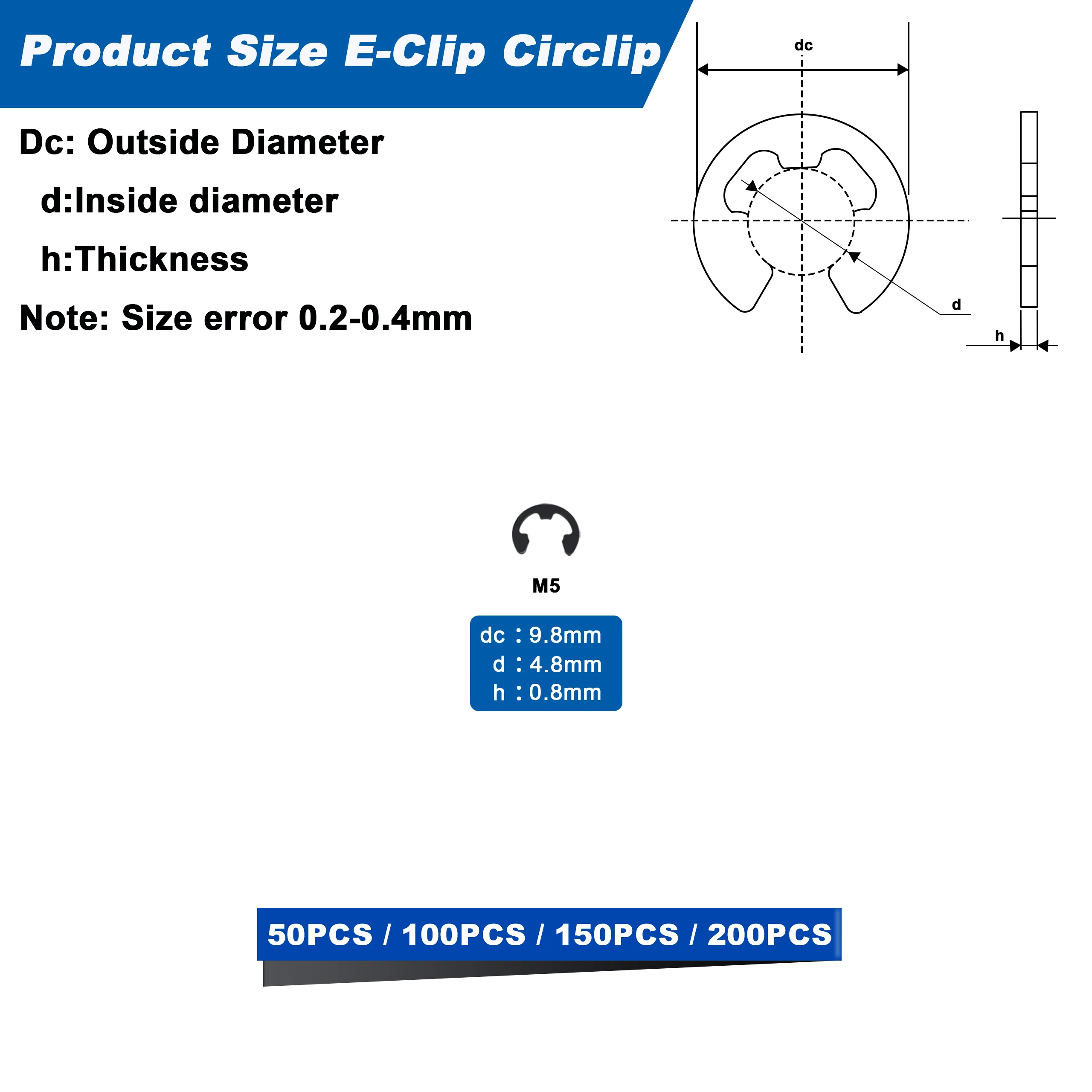 M5 Small E Clip Circlip External Retaining Rings, E Clips External Carbon Steel Rings 50PCS 100PCS 150PCS 200PCS