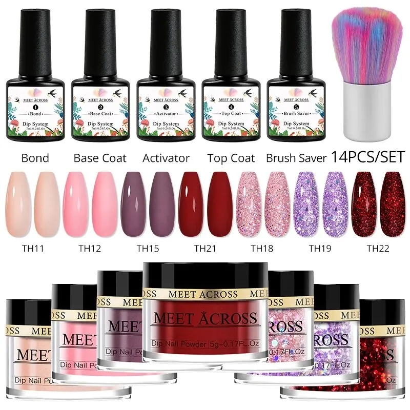 MEET ACROSS 5g/10g Glitter Dipping Nail Powder Set Nude Pink Natural Dry Dipping Powder Nail System Kits DIY Nail Art Manicure