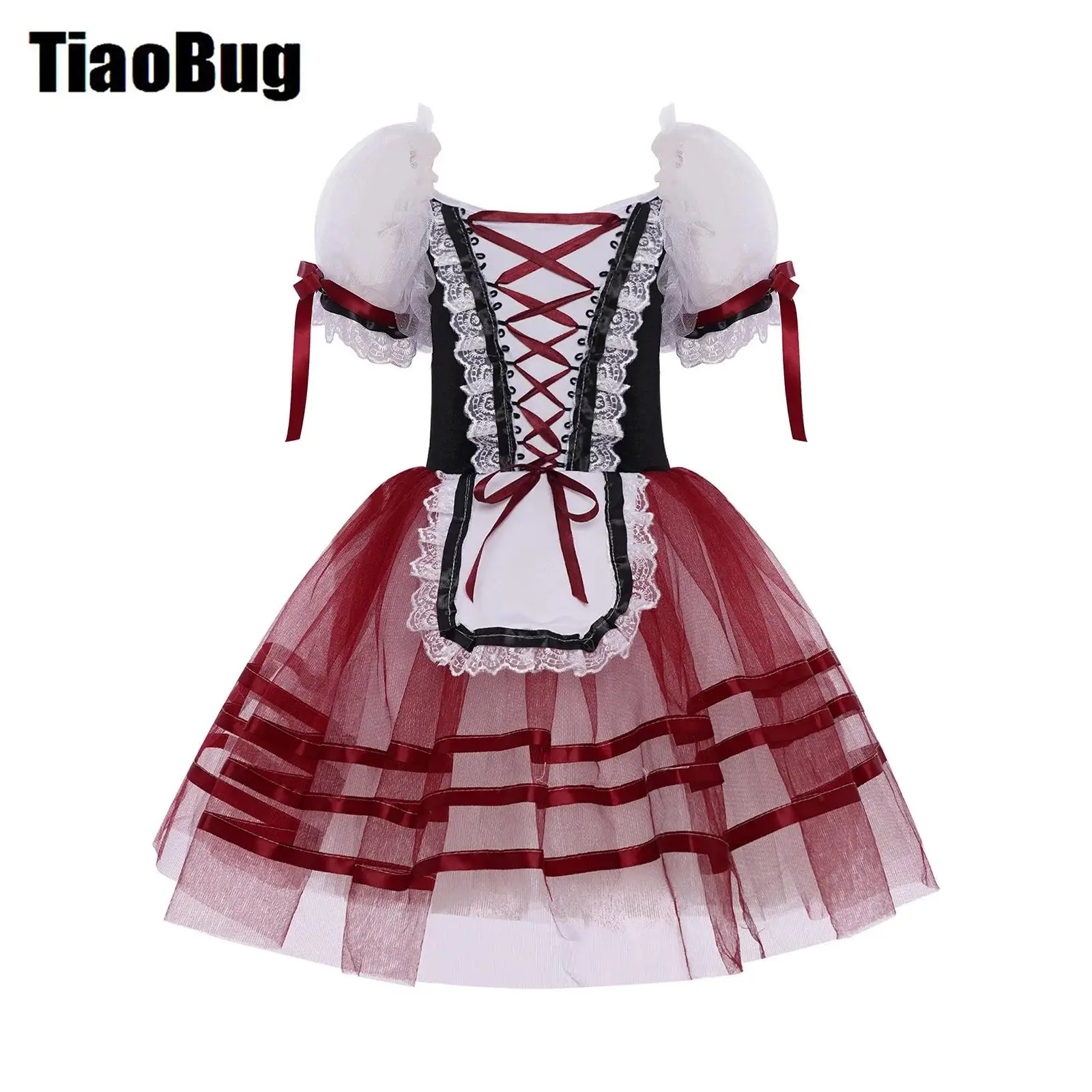 

Girls Puff Sleeve Ballet Tutu Dress Lace Trim Lace-up Velvet Bodice Gymnastics Leotard Dress Ballerina Dance Performance Costume