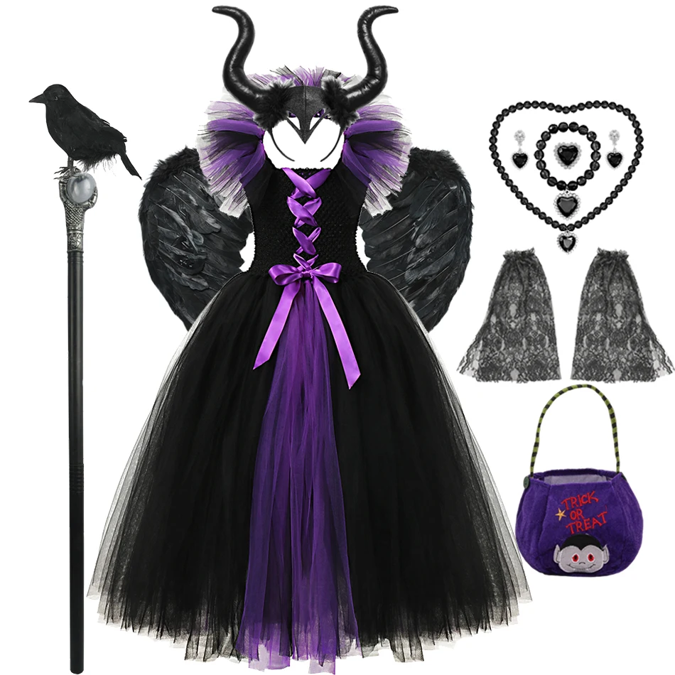 Disney Halloween Maleficent Witch Costume Kids Cosplay Demon Queen Dresses Deluxe Tail Girls Fancy Black Glam Gown Tutu Clothes