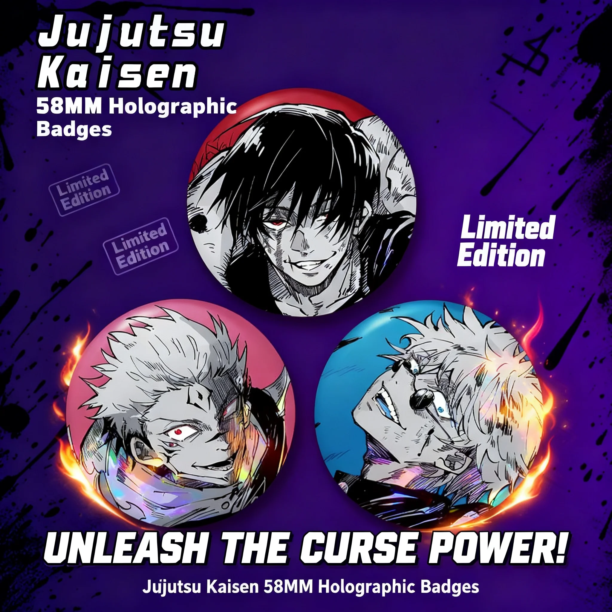 

Anime Jujutsu Kaisen Gojo Satoru Sukuna Toji Fushiguro 58mm Laser Badge Pin Metal Collectible Merchandise Gift for Fans Cosplay