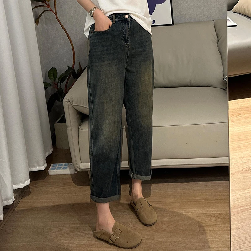 

Autumn High Waist Women Jeans Fashion Simple Casual Office Lady Versatile Harem Pants Washed Pockets All-Match Straight Trousers