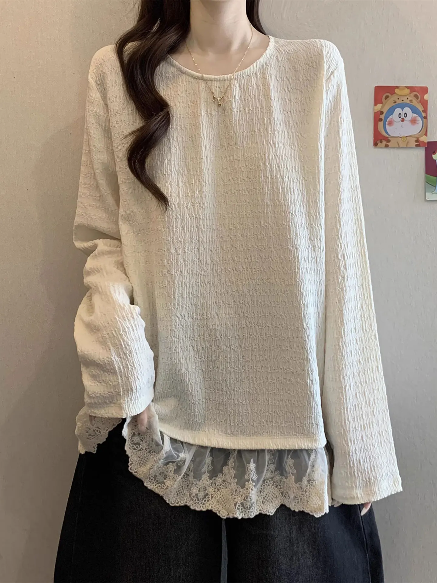 

Женская свободная футболка с кружевными вставками и длинным рукавом, базовый слой, весна 2026, большие размеры, повседневная, универсальная, комфортная