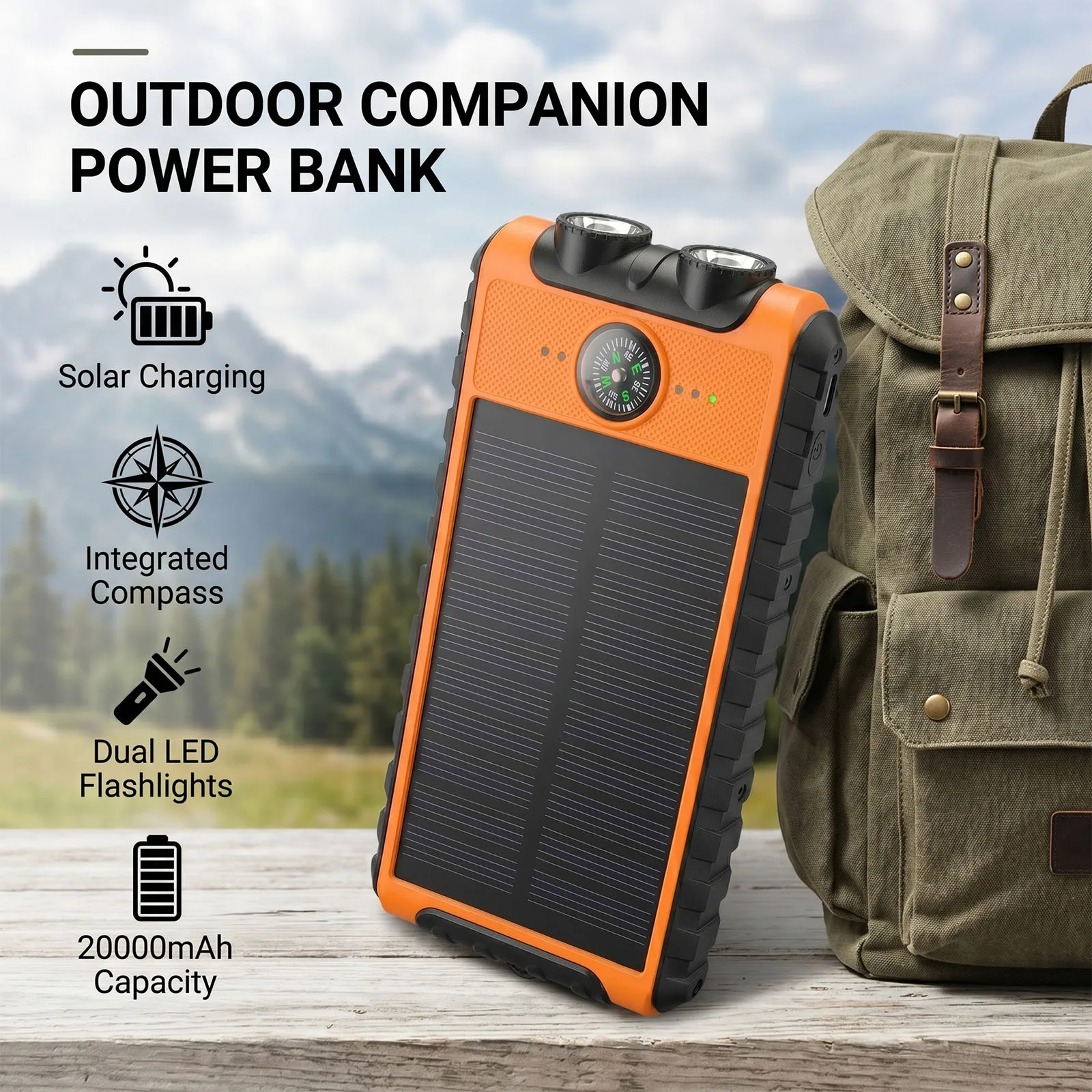 Batteria portatile ad energia solare da 20000 mAh, impermeabile, con bussola, caricatore ad alta capacità per smartphone, ideale per campeggio, escursioni e situazioni di emergenza all’aperto.