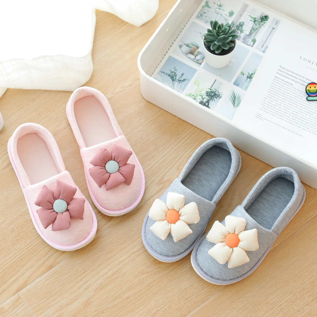 New Styles Soft Cotton Big Flower House Indoor Flats Slipper Four Seasons Slippers For Girl Women Cute Animal Shoes Pink Gray