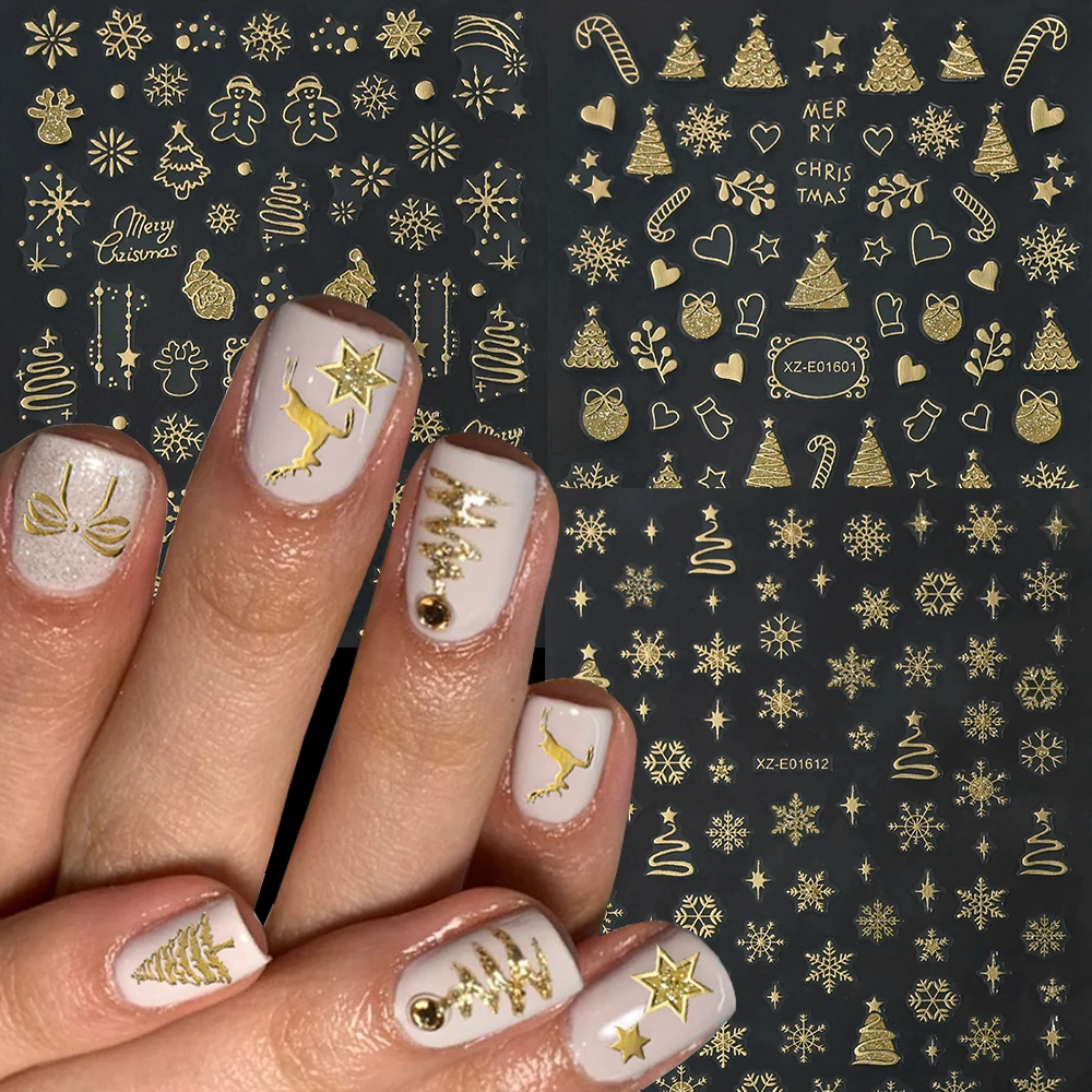 12 個ヴィンテージゴールドスノーフレーククリスマススターネイルステッカーレーザーグリッターシルバーゴールドクリスマスネイルデカールスターマニキュアデコラ
