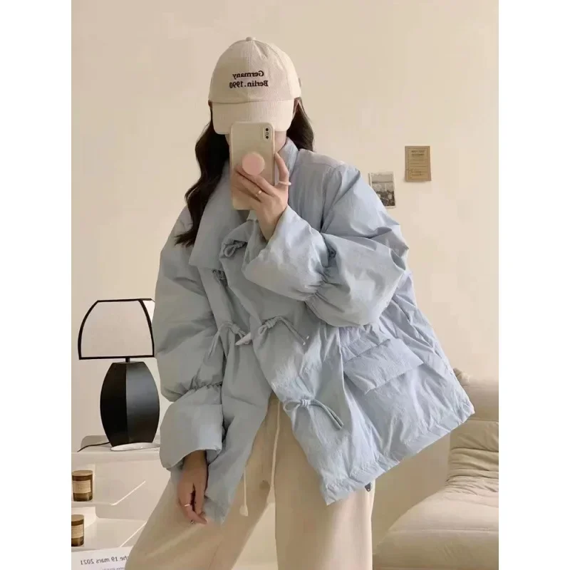 

Light Blue Korean Sweet Fashion Classic Button Loose Female Parkas Basic Simple Casual Chic Pockets 5-colors Women Parkas