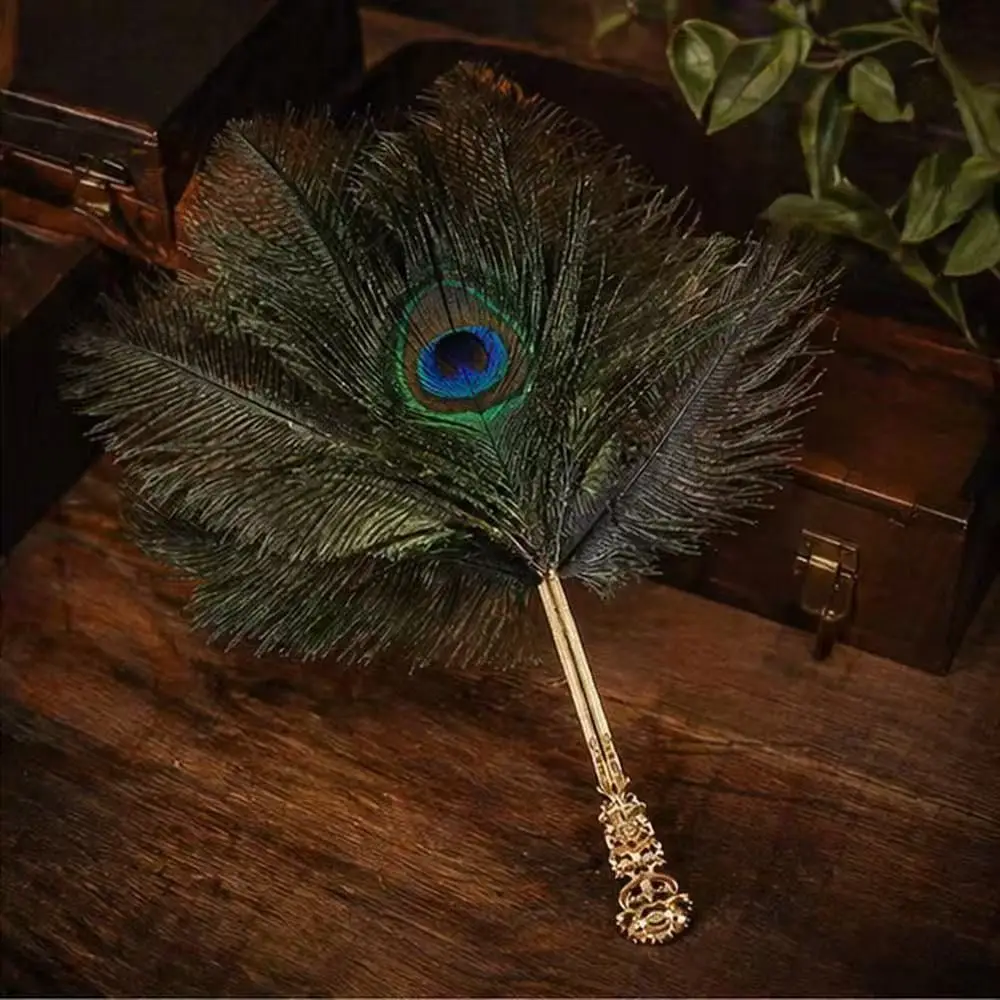 Ancient Style Elegant Peacocks Feathered Fan with Chinese Style Small Dance Performances Fan Wedding Photography Fan