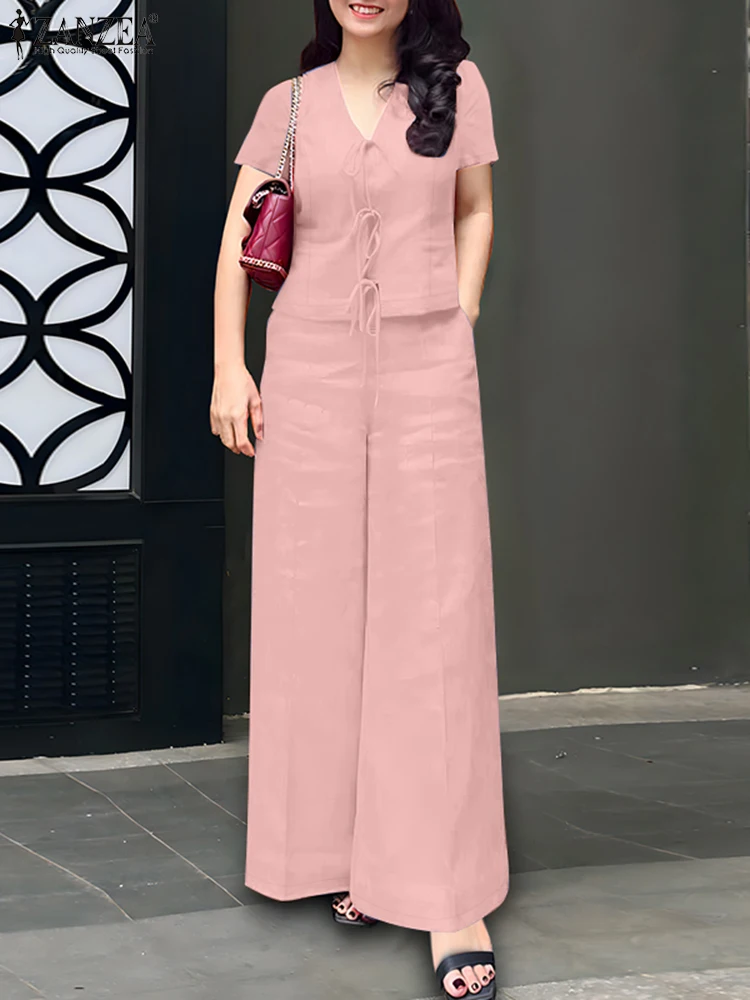 

ZANZEA 2PCS Summer Short Sleeve Solid Blouse Pant Sets Elegant Women Outfit Trousers Suit Casual OL Work Tracksuits Matching Set