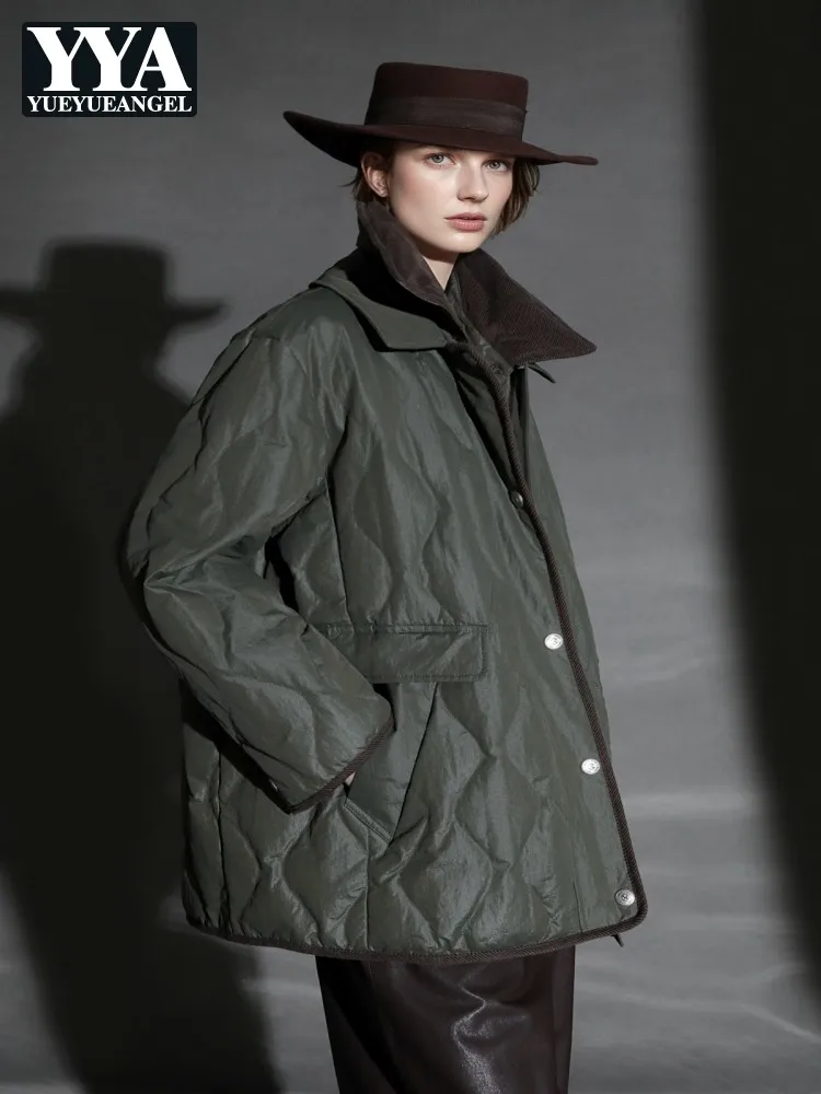 Winter Women Argyle Goose Down Jacket Double-layer Lapel Down Coat Single Breasted Zipper Solid Color Casual Short Outerwear