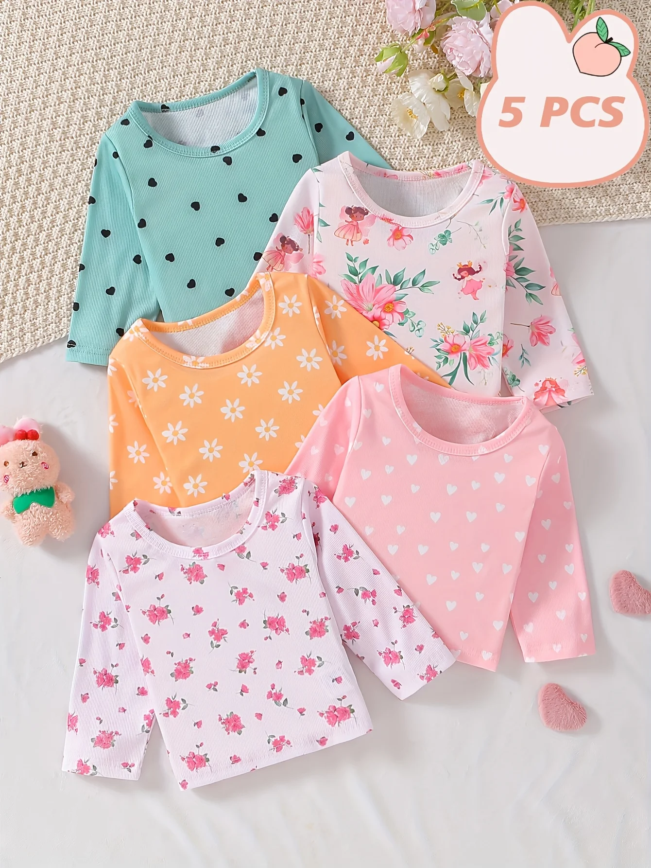 

Spring and Autumn Baby Girl Valentine's Day Outfit! 5-piece Printed Long Sleeve T-shirt Soft and Cute Floral Colorable to Wear