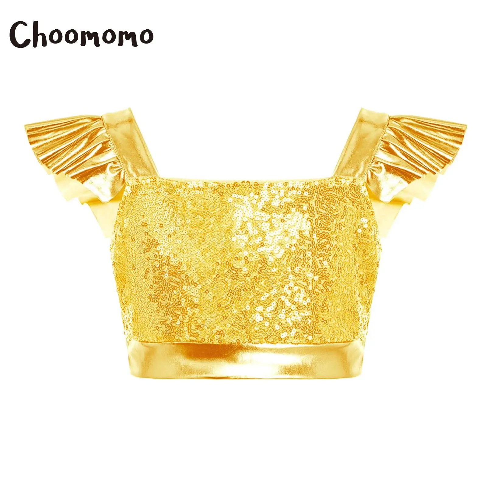 

Kids Girls Sequin Dance Tops Ruffled Sleeves Sparkling Metallic Crop Tank Top Vest Music Festivel Raves Party Jazz Dance Costume