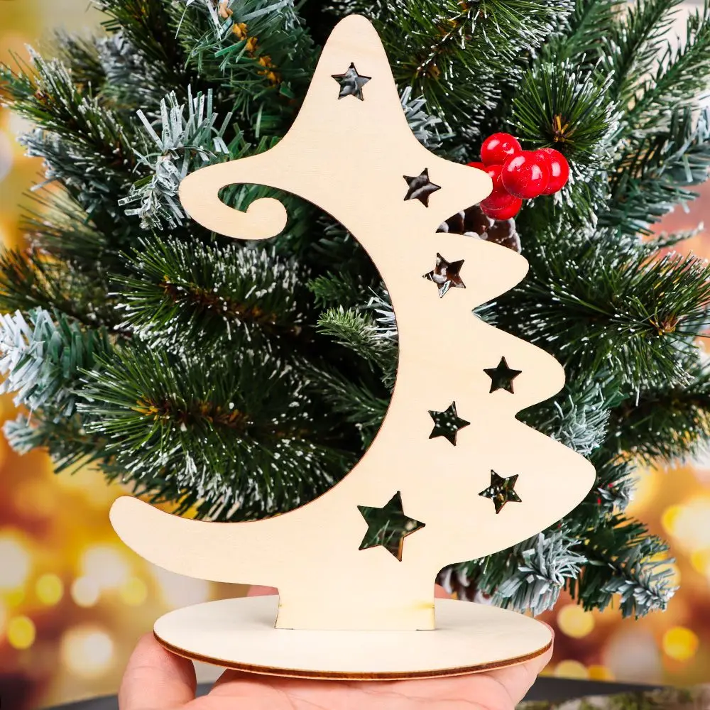 Creative Christmas Tree Ornaments Handmade Wood Slices Xmas Tree Star Crafts with Stand DIY Christmas Ornaments Home Decoration