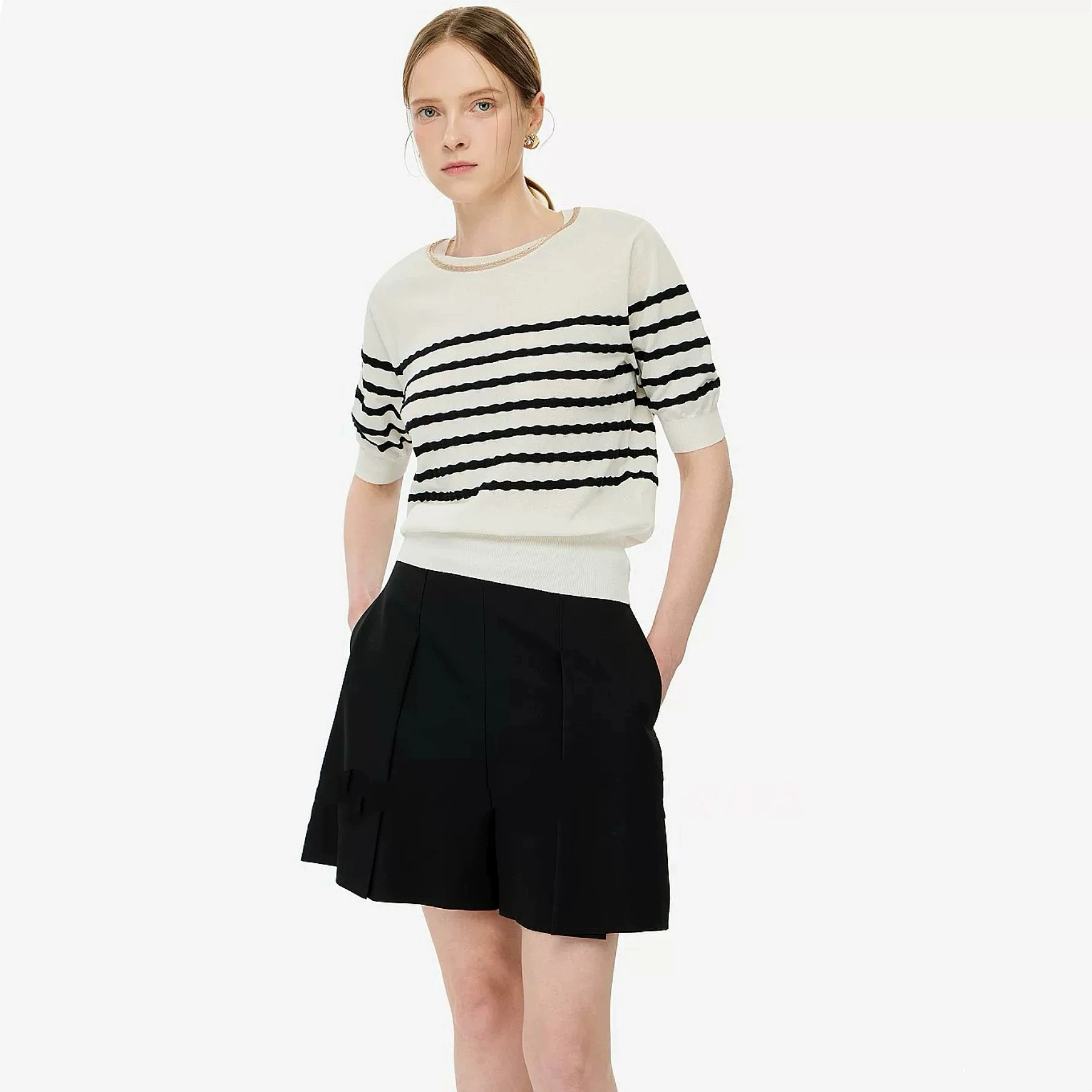 

Korean Sle Casual round Ne Ice Silk ort Sve Knitted Top Striped Design Loose Fit Commute Faion Summer 2025