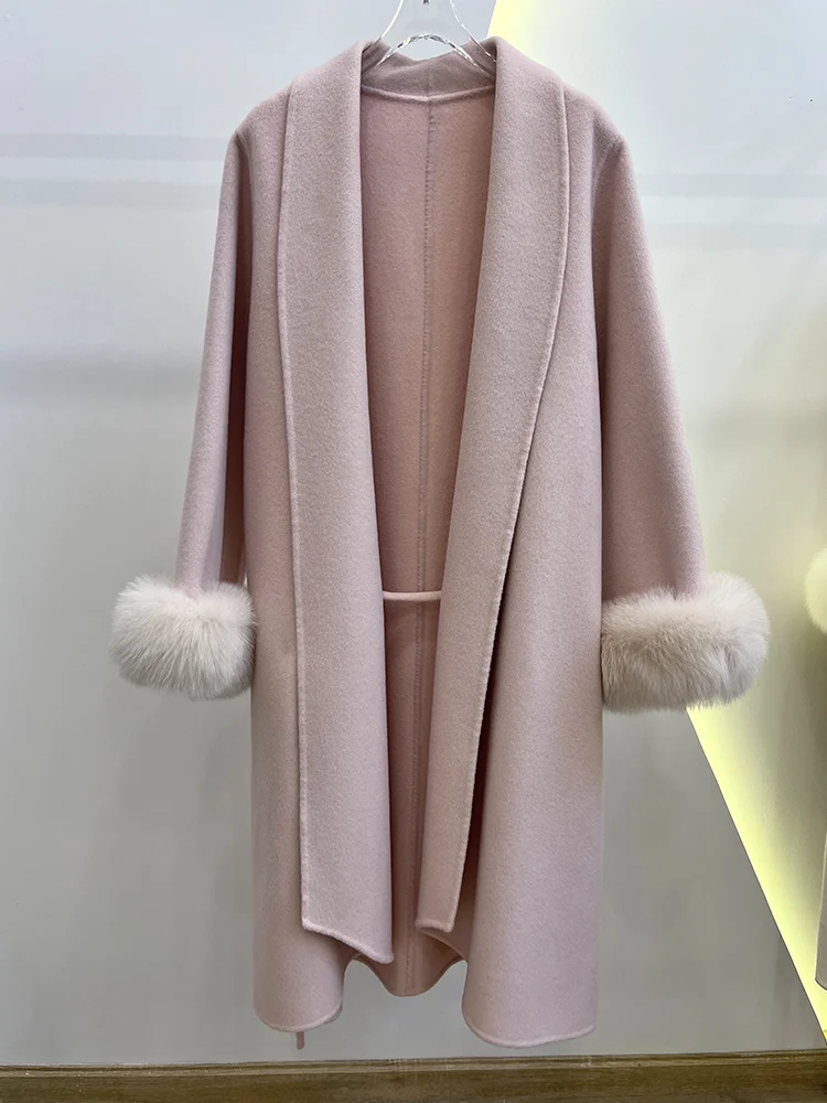 

2025 Новая модная зимняя теплая женская шерстяная куртка с манжетами из натурального лисьего меха, роскошное толстое женское пальто