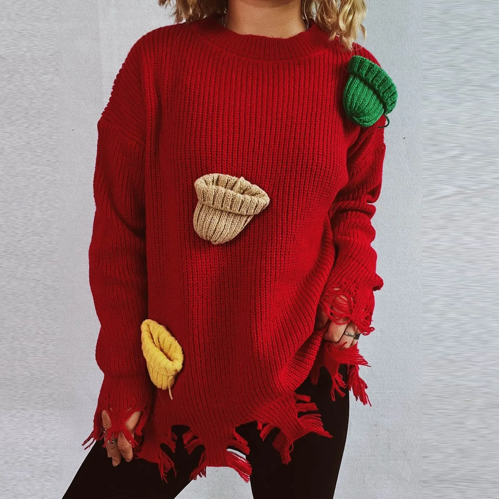 

Women'S Autumn/Winter New Christmas Red Sweater Loose-Fit Versatile Knit Base Layer Top Crew Neck Pullover Thickened Knitwear