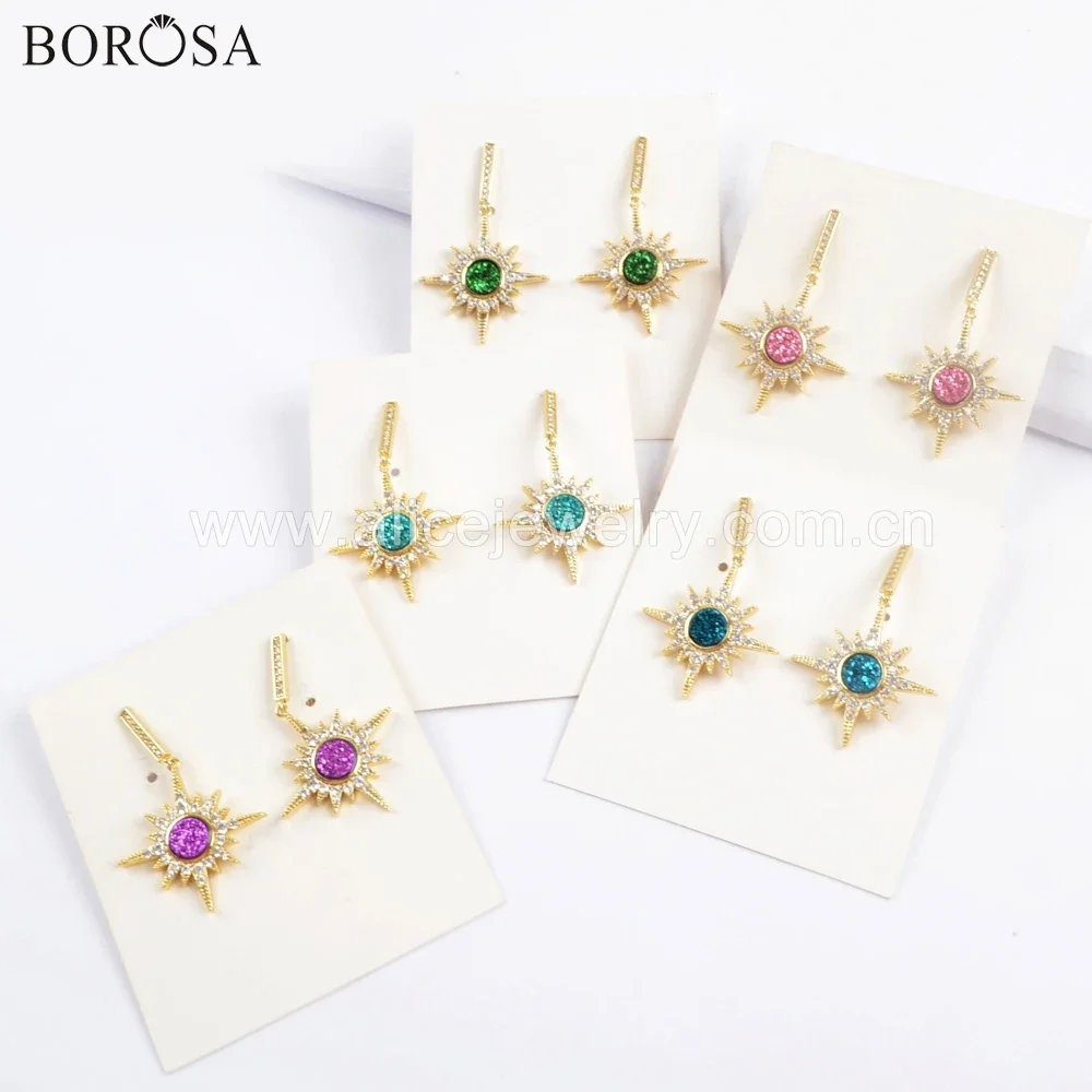 

BOROSA 5Pairs Star Golden Plated Crystal CZ Micro Pave Rainbow Druzy Dangle Earrings Mix Colors Drusy Star Fashion Earring