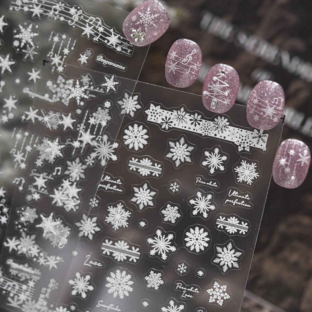 Winter Silver Snowflake Moon Star Starburst Snowball Musical Note Staff Lace Feather Snow DIY Nail Art Stickers Manicure Decals