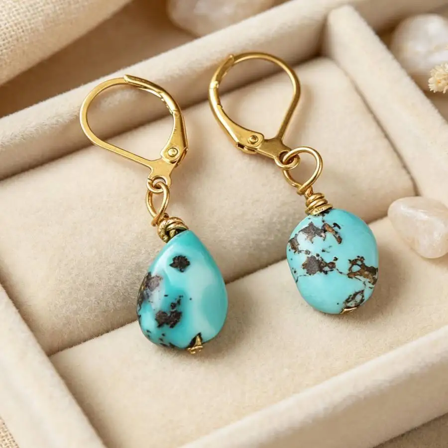 Gold Leverback Hoop Teardrop Turquoise Dangle Drop Earrings For Women Handmade Wire Wrapped Natural Stone Boho