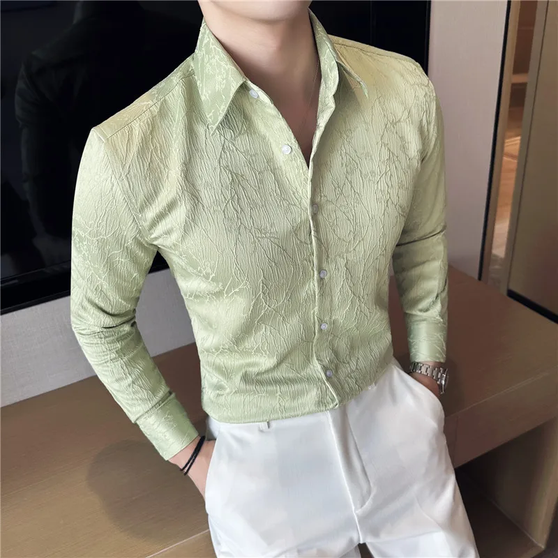 New Concave Convex Design Flower Shirt Luxury Men's Dark Pattern Jacquard Casual Slim Fit Long Sleeved Business Social Shirts