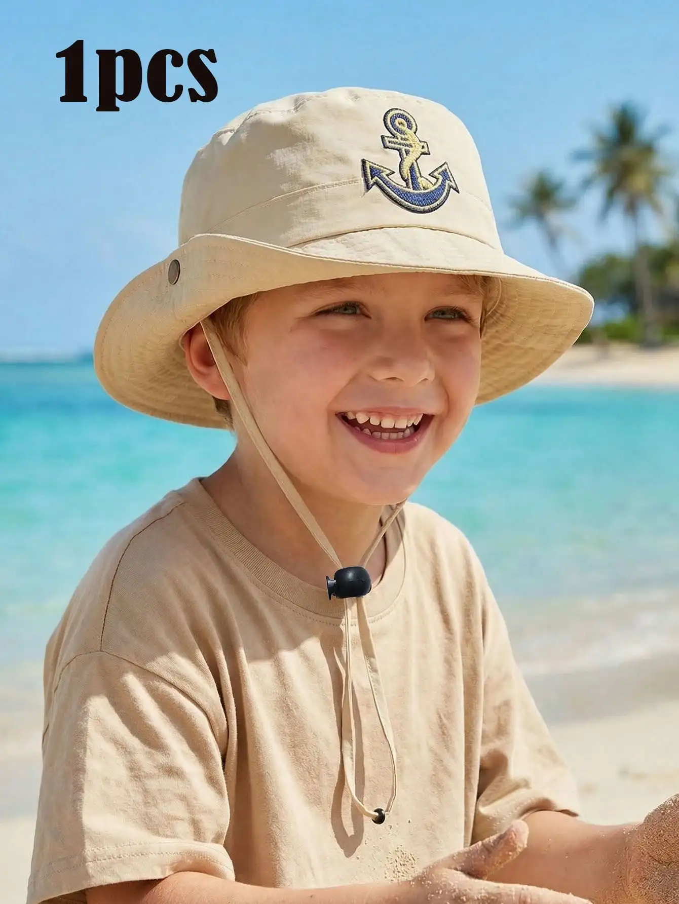 

1Pc 3-8Y Boys Cartoon Beige Rolled Brim Fisherman Hat Foldable Lightweight Sun Hat For Outdoor School Travel